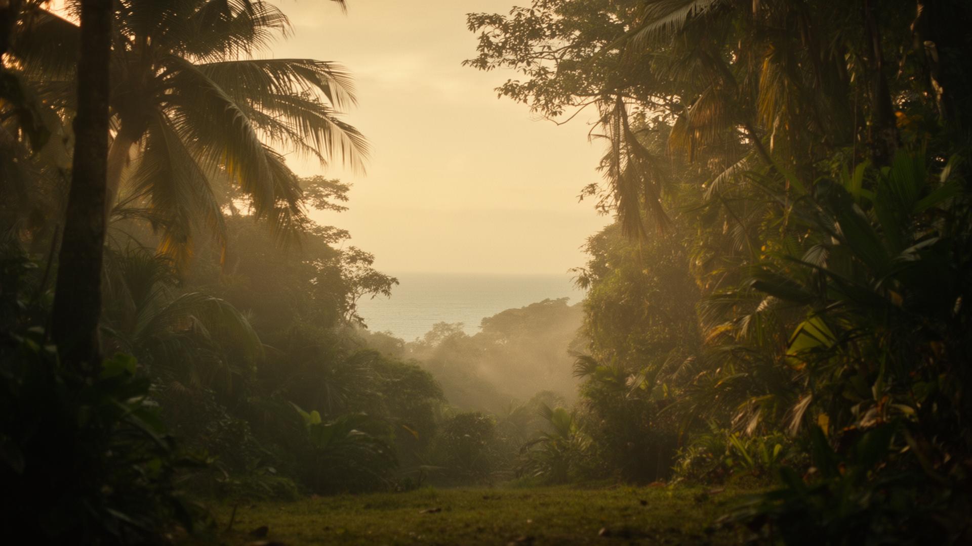 A quiet Costa Rican jungle clearing opening to the ocean at golden hour